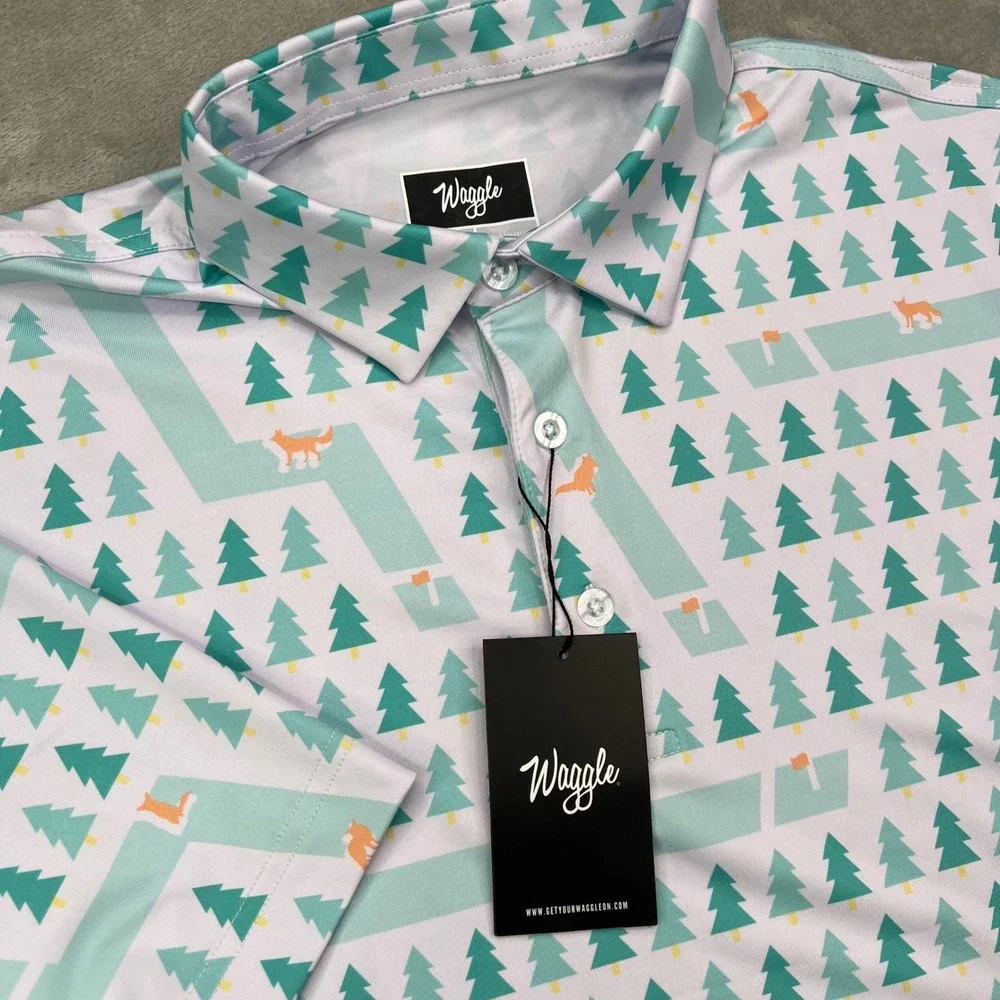 Waggle Fox Holes Polo Shirt Mens Large White Green Fox Print Stretch Performance - Picture 1 of 11